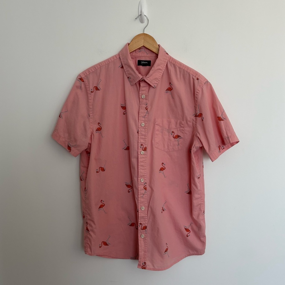 Urban Pipeline Mens Shirt Medium Pink Flamingo Print Button Up Down 100% Cotton